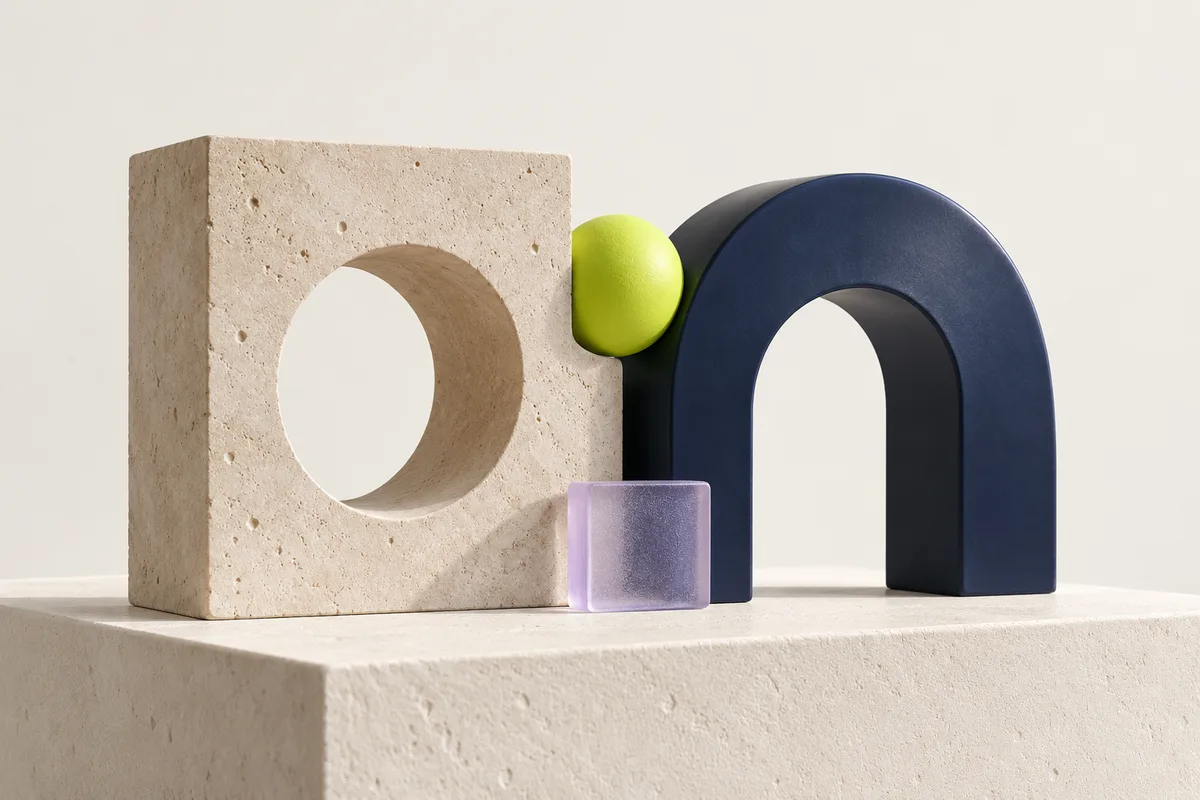 Connected stone and navy architectural forms with a lime sphere and translucent lilac block.